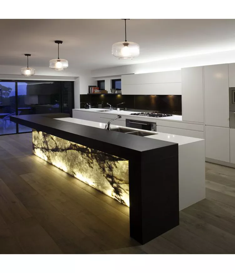 Backlit Black Kitchen Island with Waterfall